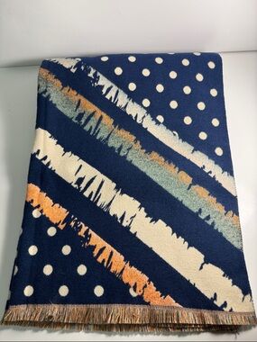 Mimi-Muà extra-large scarf blue white polka dot striped patterns fringed edge